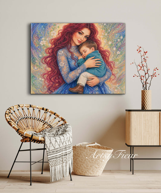 Framed canvas- ready to hang wall art print, vibrant colours crayon drawing abstract portrait mother and son, mother and baby boy, dark hair beautiful red hair woman , mothers day gilt, unique original artwork