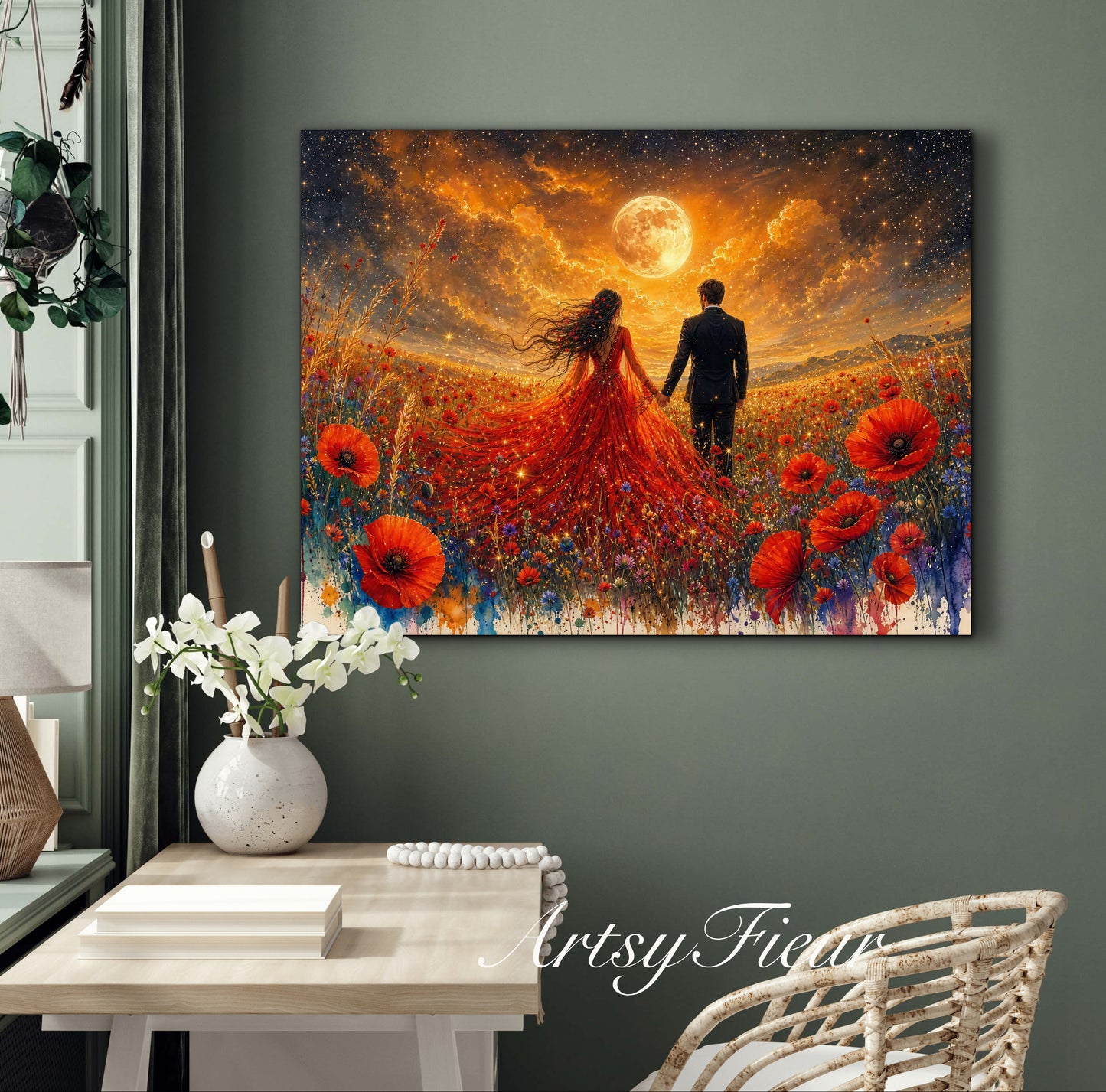 Framed canvas- whimsical full moon sunset -bride and groom, wedding gift, fantasy oil painting bedroom wall art print floral poppies field colourful vibrant colours