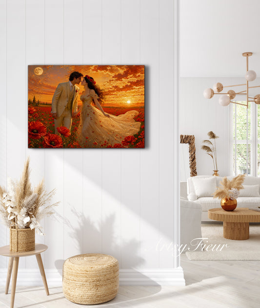 Framed canvas- whimsical full moon sunset bride and groom, wedding, poppy field, vibrant colours living room original artwork, fantasy oil painting wall art print