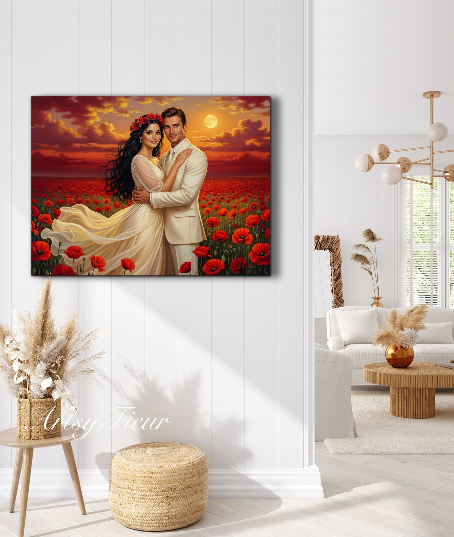 Framed canvas- whimsical full moon sunset bride and groom, wedding, poppy field, vibrant colours living room original artwork, fantasy oil painting wall art print