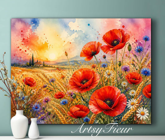Framed Canvas Print- Vibrant Wildflowers and Poppies Oil Painting Textured Wall Art , Beautiful Original Artwork Ready to Hang Living Room, Floral