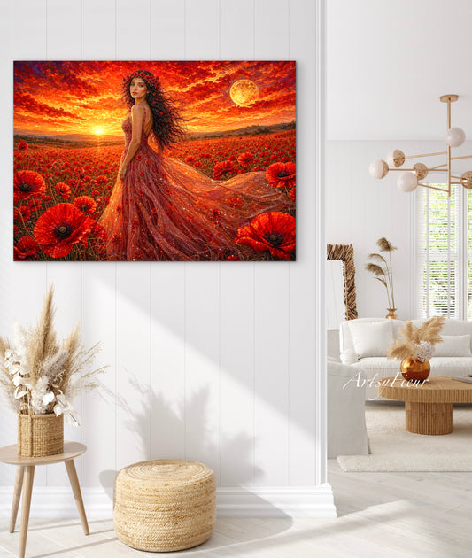 Framed Canvas - Vibrant Poppies Whimsical Full Moon Bride in Poppy Field, Wall Art Ready to hang Oil Painting Original Artwork Print