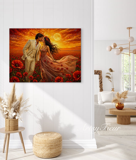 Framed canvas- whimsical full moon sunset bride and groom, wedding, poppy field, vibrant colours living room original artwork, fantasy oil painting wall art print