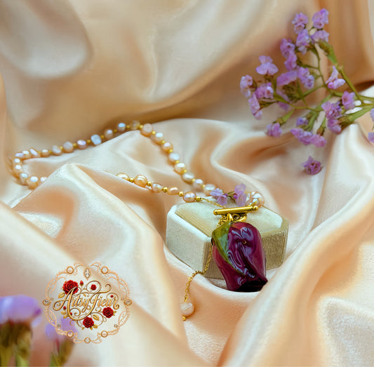 *REAL FLOWER Red Rose Necklace Preserved Flower in Resin Pink Freshwater Cultured Pearls Front Round Closure Hypoallergenic