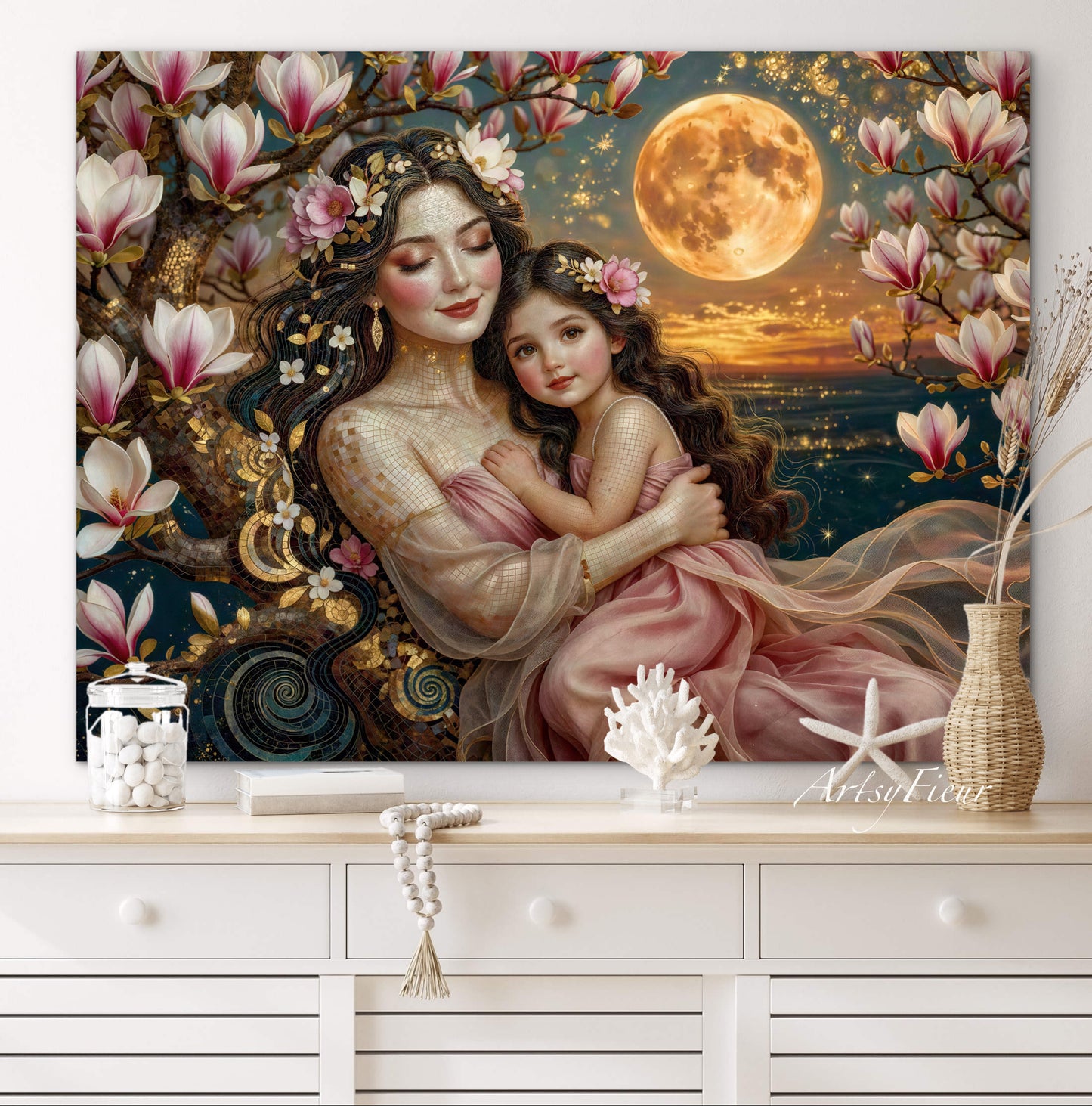 Toile encadrée - Tableau original de fleurs de magnolia vibrantes, portrait mère et fille, art mural fantaisie