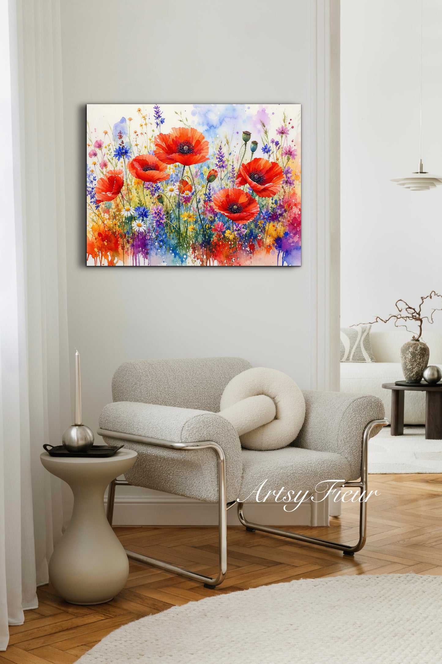 Framed canvas- ready to hand wall art print, beautiful vibrant colours watercolour fantasy painting poppy wildflowers ,floral landscape, unique gift, one of a kind original artwork