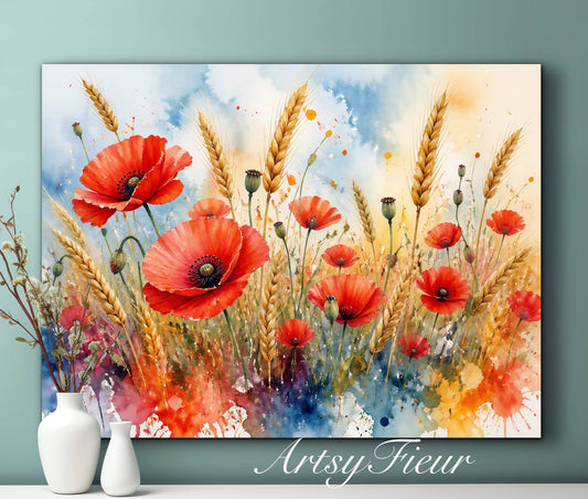 Framed Canvas Print- Vibrant Wildflowers and Poppies Oil Painting Textured Wall Art , Beautiful Original Artwork Ready to Hang Living Room, Floral