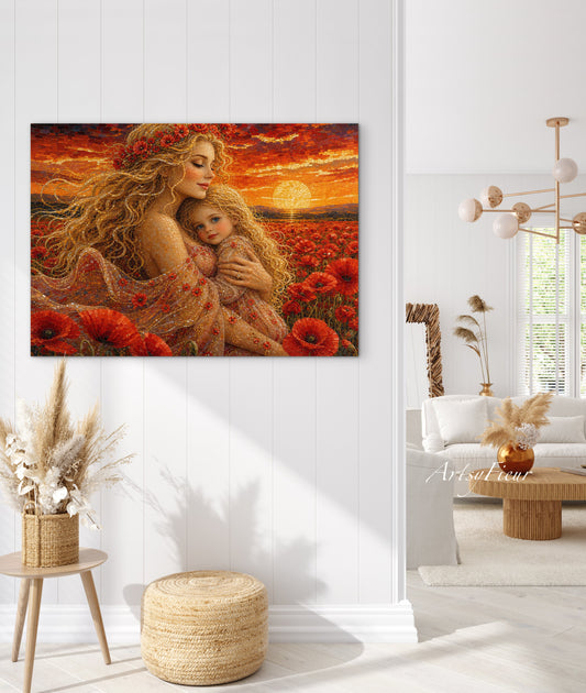 Framed Canvas- Vibrant Poppies Field Mother and Daughter Portrait Whimsical Full Moon Sunset Fantasy Oil Painting Wall Art Print