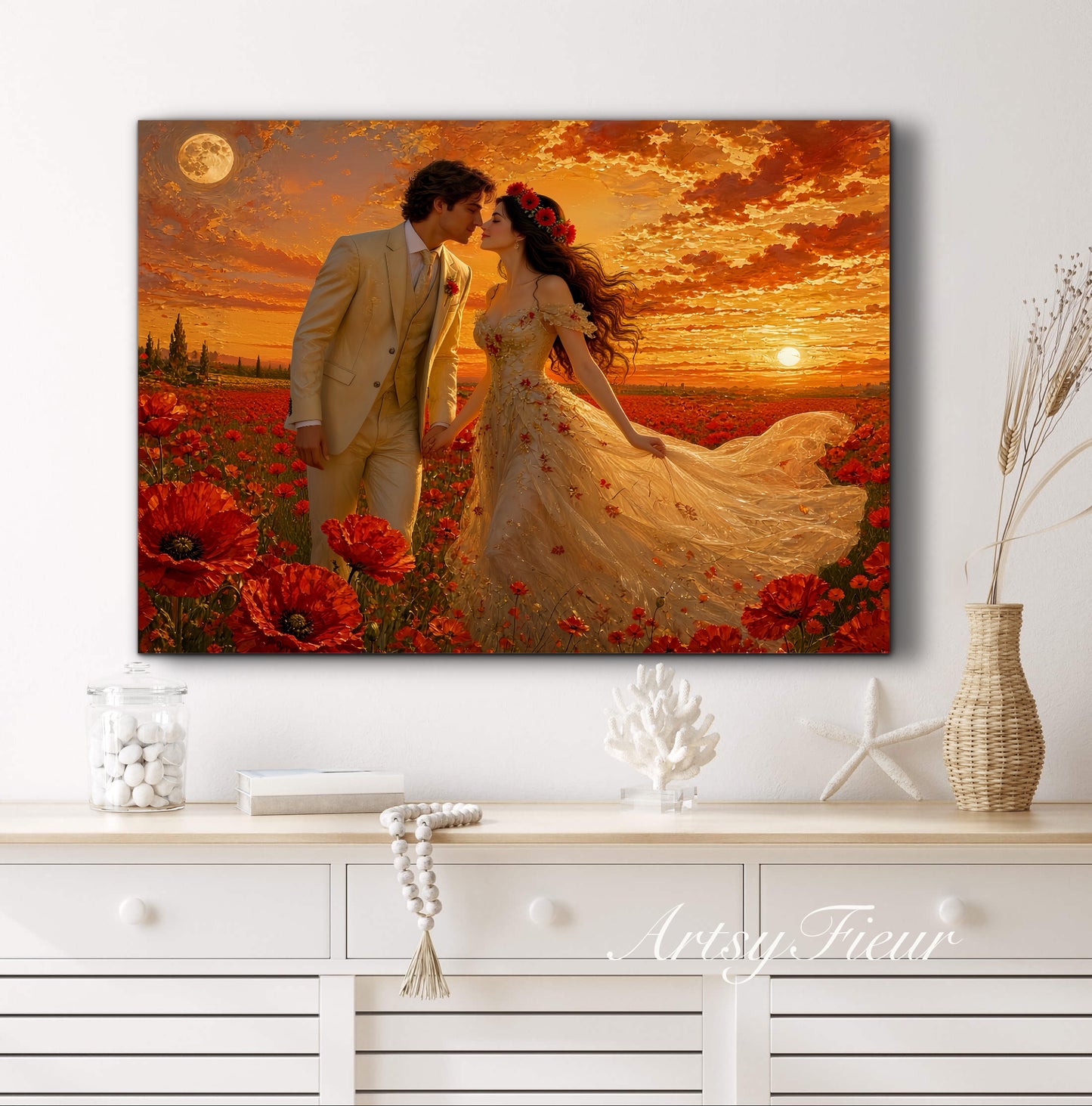 Framed canvas- whimsical full moon sunset bride and groom, wedding, poppy field, vibrant colours living room original artwork, fantasy oil painting wall art print