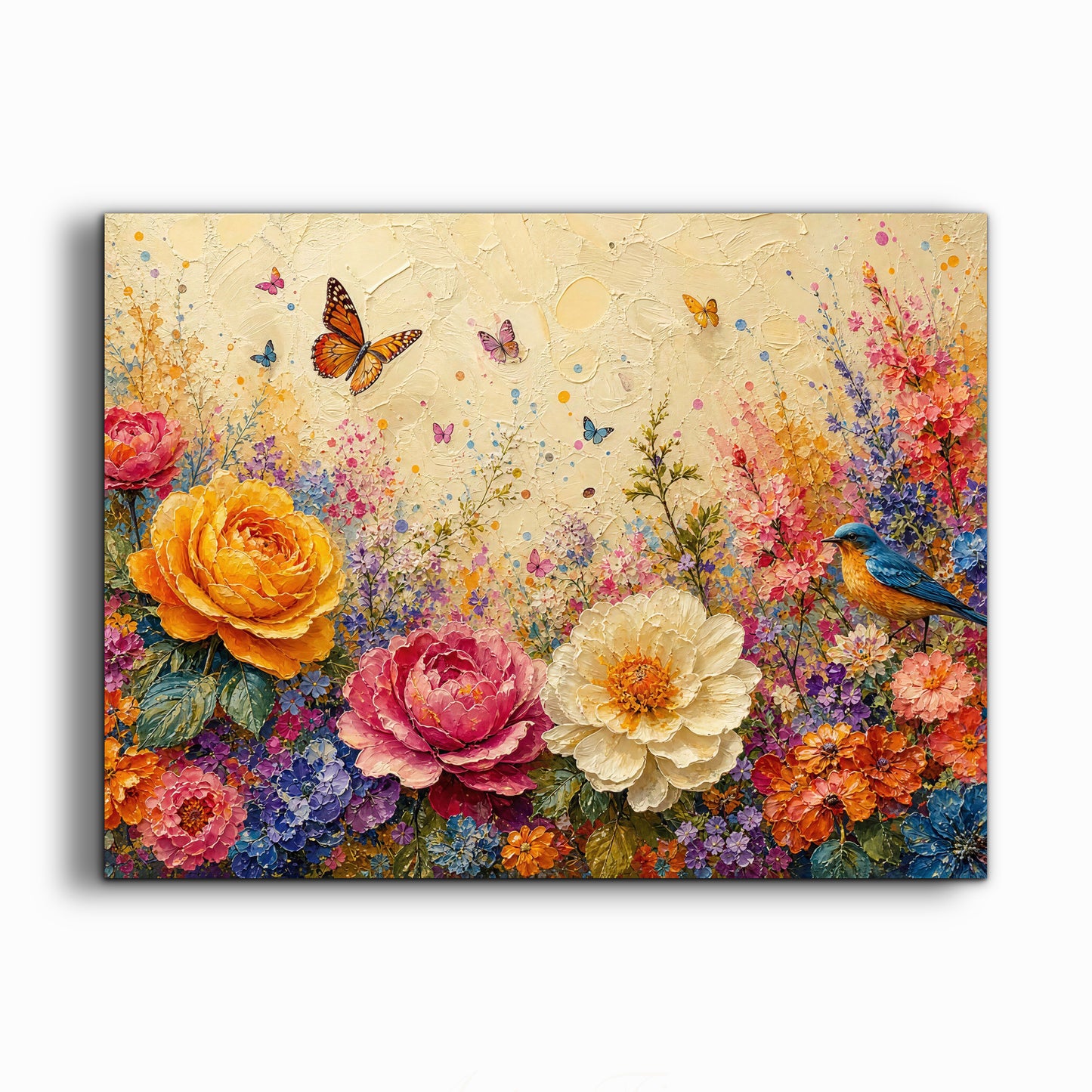 Framed Canvas Print- Vibrant Wildflowers and Petunias Oil Painting Textured Wall Art , Beautiful Original Artwork Ready to Hang Living Room, Floral