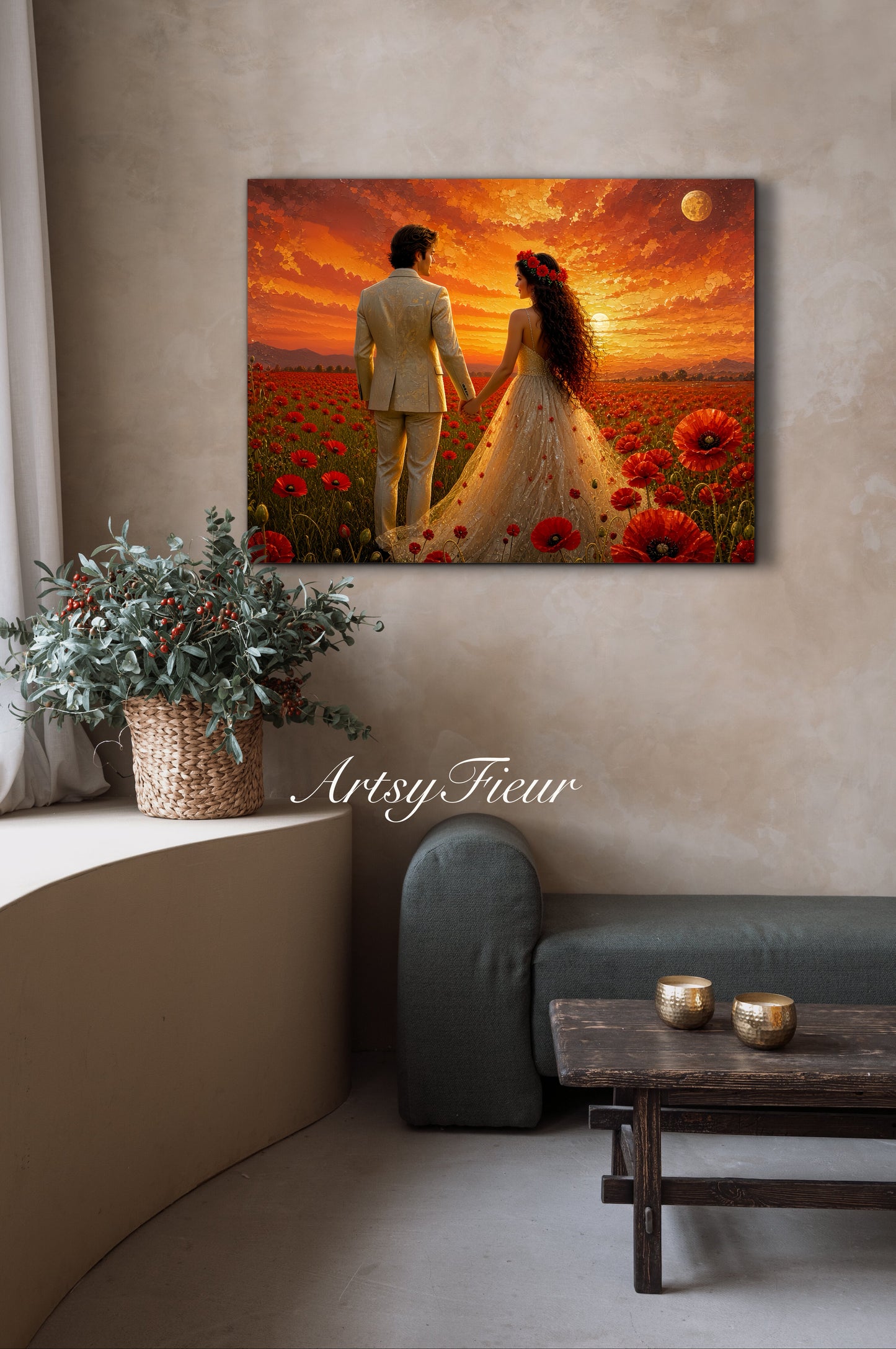 Framed canvas- whimsical full moon sunset bride and groom, wedding, poppy field, vibrant colours living room original artwork, fantasy oil painting wall art print
