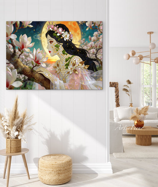 Framed Canvas- Vibrant Magnolia Flowers Beautiful Brunette Woman’s Abstract Portrait Mosaic Original Artwork Fantasy Wall Art Print Mother Nature