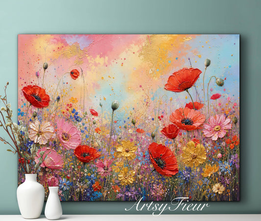 Framed canvas- ready to hand wall art print, beautiful vibrant colours watercolour fantasy painting wildflowers poppies floral landscape, unique gift, one of a kind original artwork