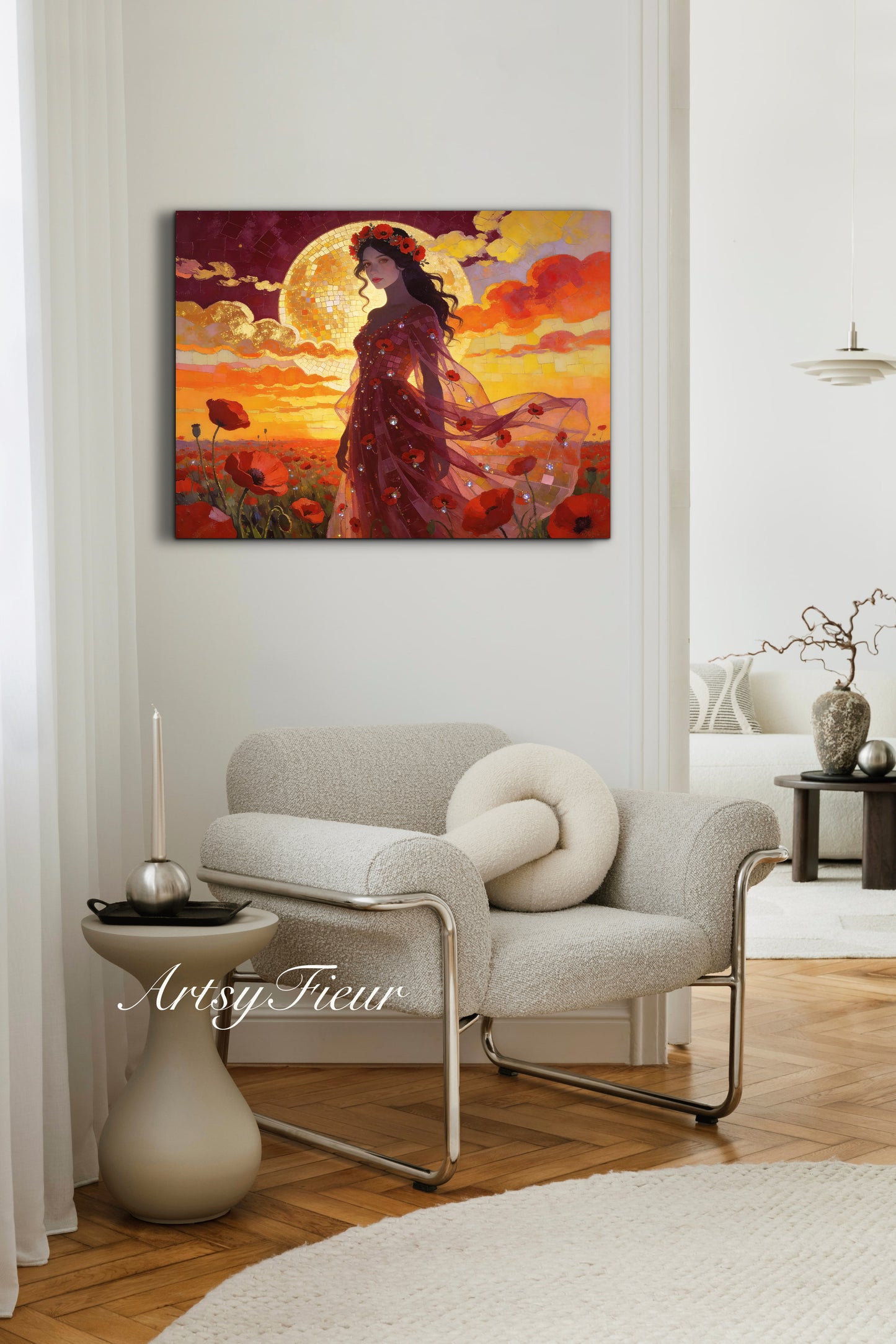 Framed Canvas - Vibrant Poppies Whimsical Full Moon Beautiful Brunette Woman in the Poppy Field, Wall Art Ready to hang Oil Painting Original Artwork Print