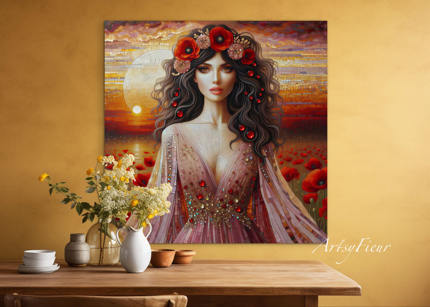 Framed canvas- Original Artwork Vibrant Poppies watercolour floral painting beautiful brunette woman ready to hang wall art print, abstract portrait