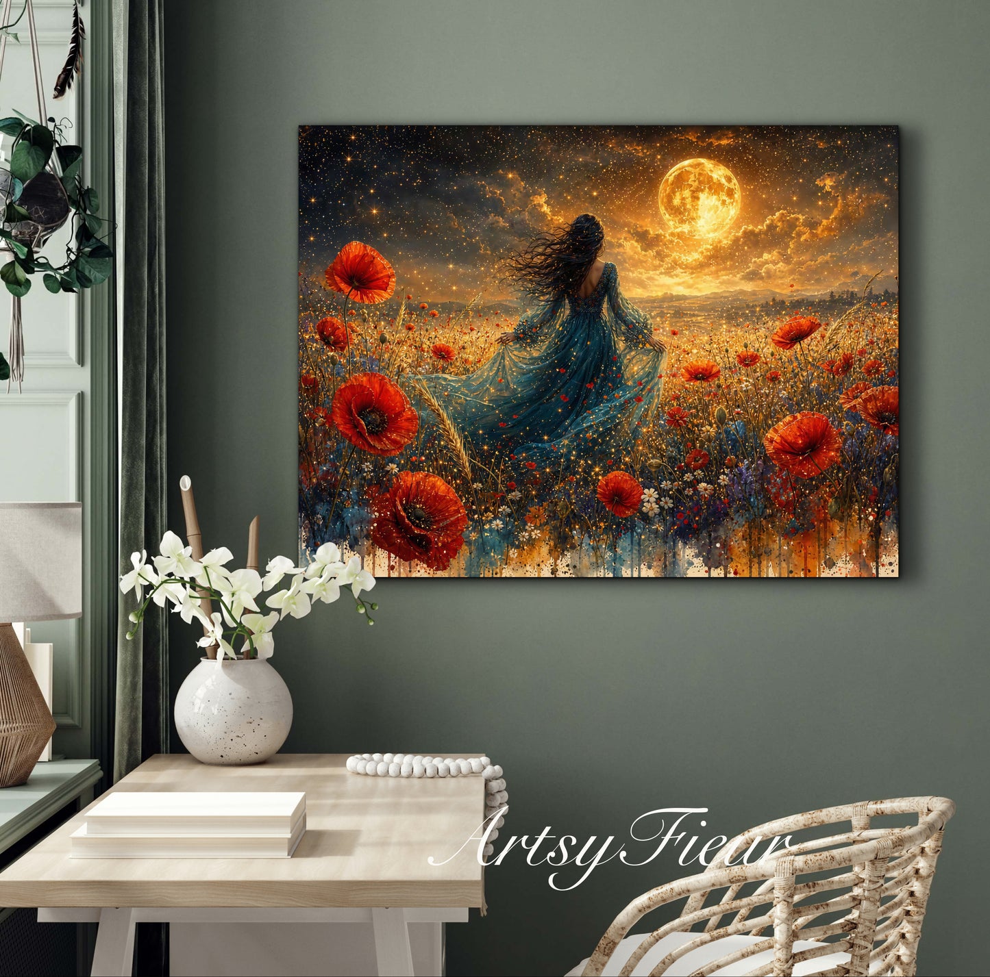 Framed Canvas - Vibrant poppies and wildflowers Whimsical Full Moon starry night sky Bride in Poppy Field, Wall Art Ready to hang original Artwork Print Blue Dress