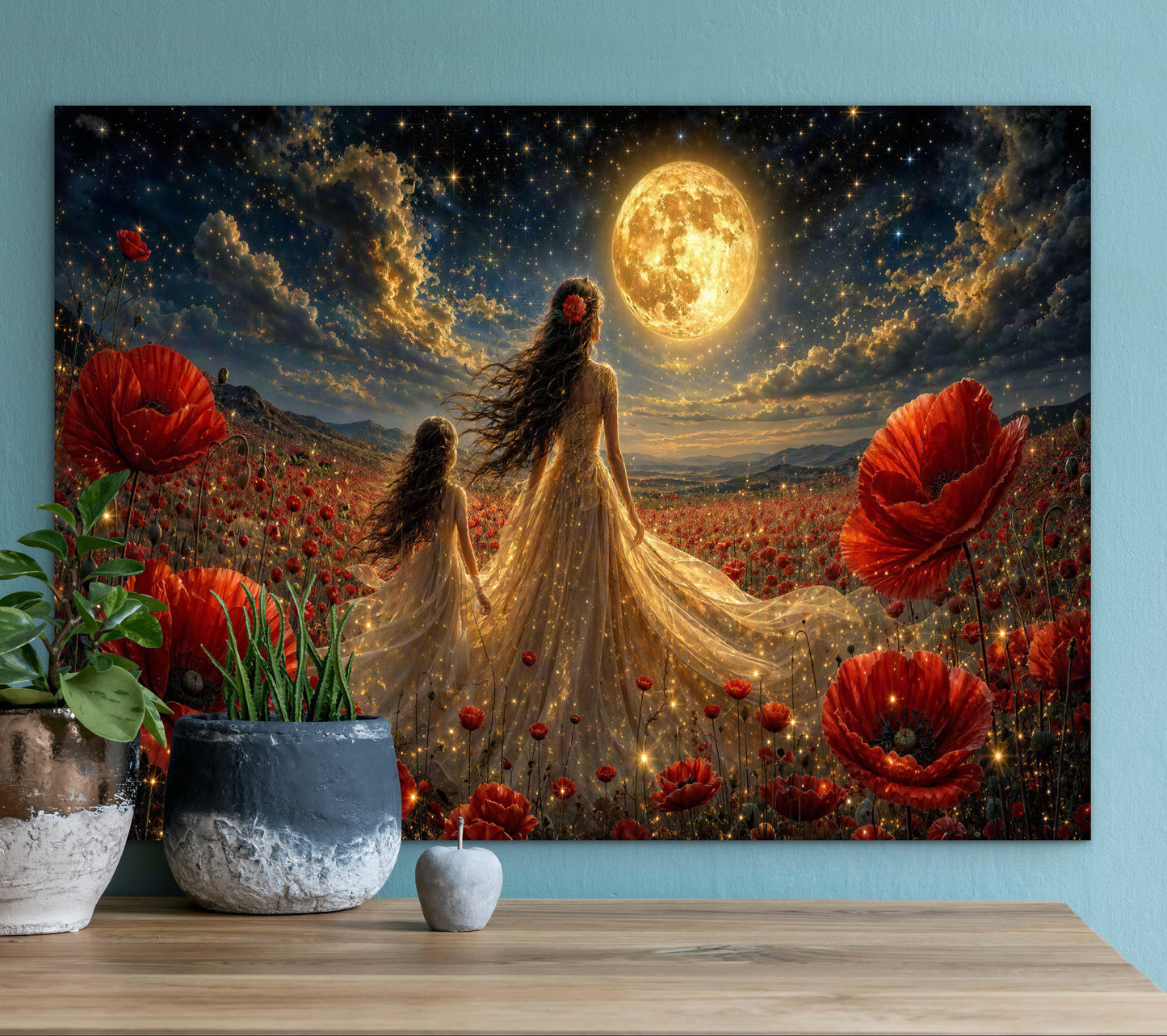 Toile Encadrée - Coquelicots Vibrants Champ Mariée Mère et Fille Portrait Fantaisiste Pleine Lune Coucher de Soleil Peinture à l'Huile Fantastique Impression Murale