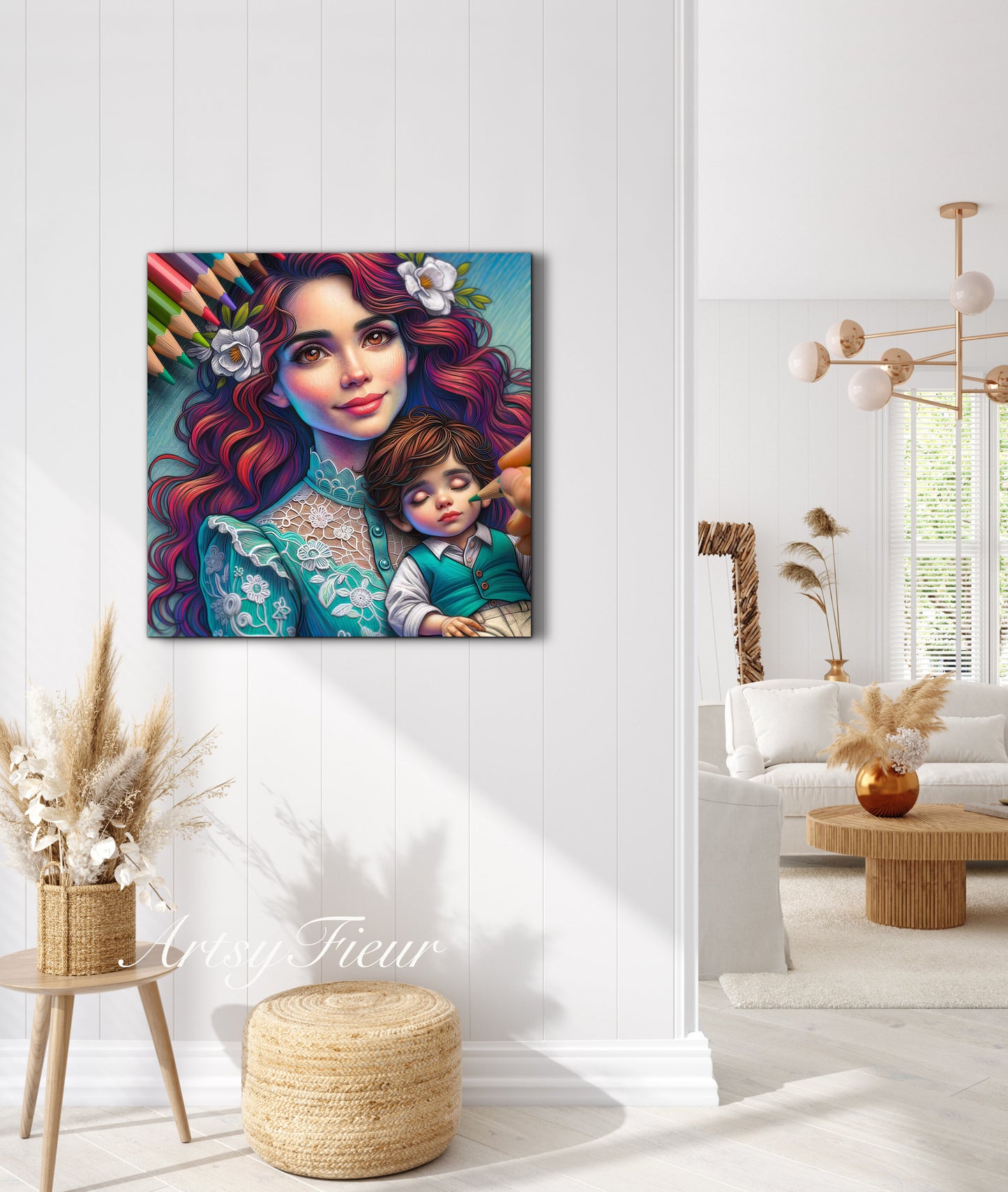 Framed canvas- ready to hang wall art print, colourful drawing abstract portrait mother and son vibrant colours, dark hair brunette beautiful woman , mum and baby boy, motherhood, mothers day gift, unique original artwork