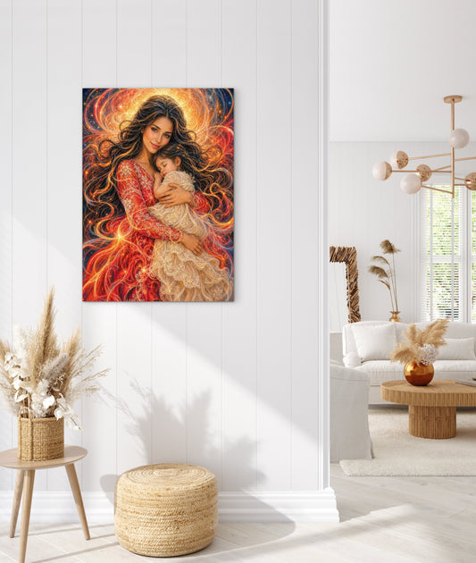 Abstract Portrait Mother and Daughter, Framed Canvas Ready to Hang, brunette dark hair baby girl