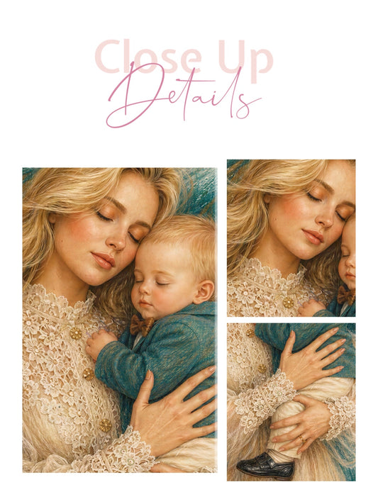 Framed canvas- ready to hang wall art, abstract coloured crayon contour mother and son portrait blonde hair mum and baby boy fantasy print
