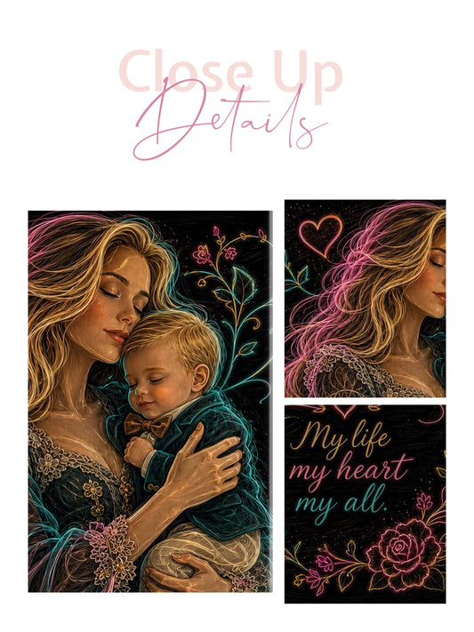 Framed canvas- ready to hang wall art. Mother and son abstract portrait fantasy coloured crayons motherhood quotes blonde woman baby boy blonde hair mum and baby
