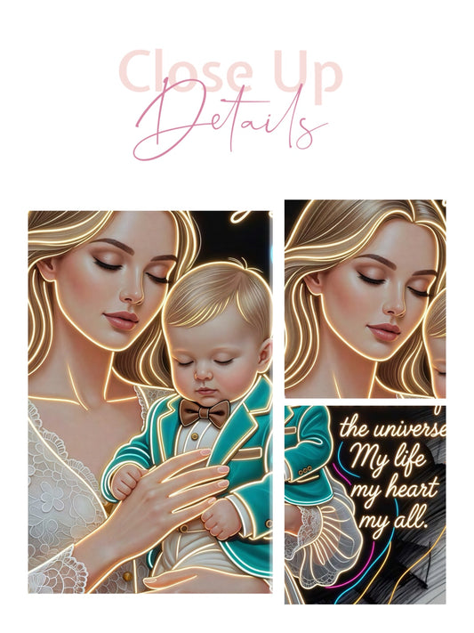 Framed canvas- ready to hang wall art. Beautiful portrait mother and son vibrant colours gold contour lights motherhood quotes blonde hair baby boy blonde beautiful woman mothers love