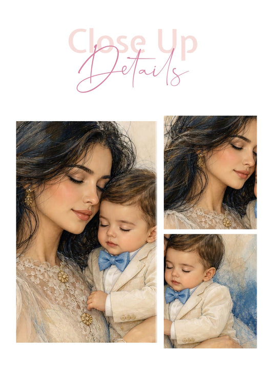 Framed canvas- ready to hang wall art print, abstract colourful crayons drawing mother and son portrait, dark hair beautiful brunette woman mum and baby boy motherhood, mothers day gift