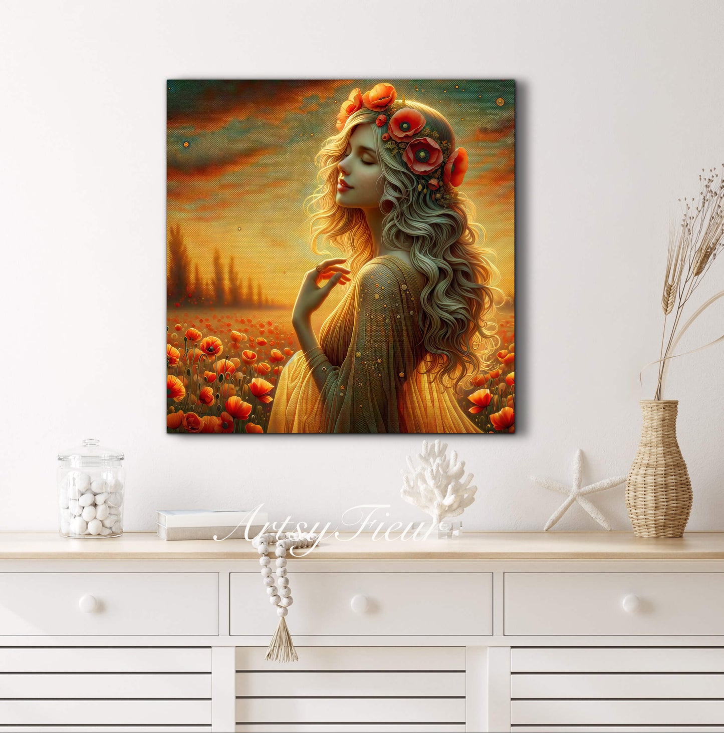Framed canvas- Original Artwork Vibrant Poppies watercolour floral painting beautiful blondewoman ready to hang wall art print, abstract portrait colourful painting for living room