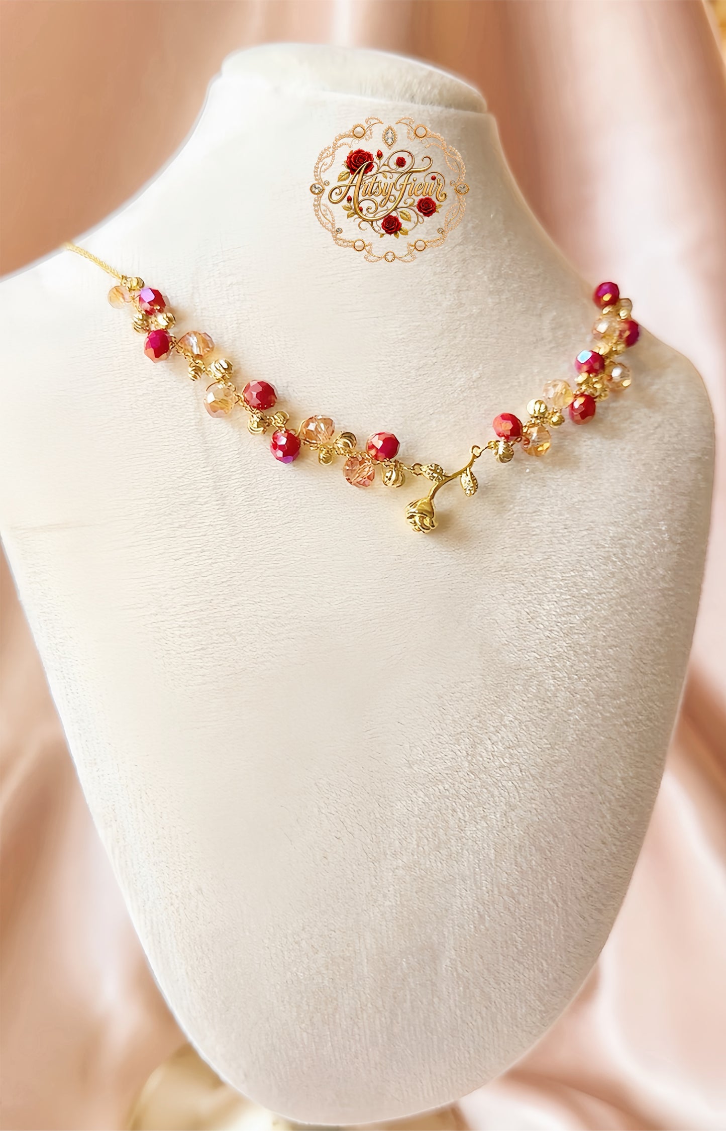 Mini Gold Rose Necklace Flower Pendant Handmade Braided Crystal Red Gold Beaded S925 Sterling Silver Hypoallergenic Floral Bohemian