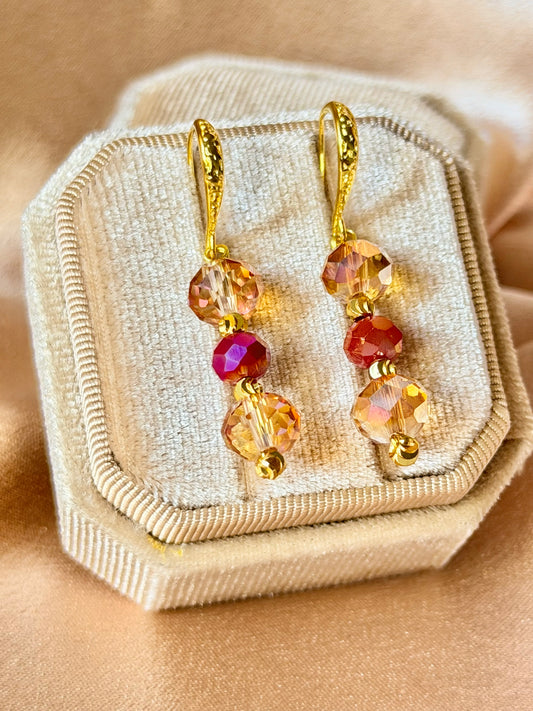 Handmade Long Drop Earrings Champagne Red Crystal Hypoallergenic Vibrant colours