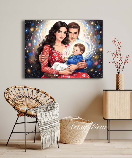 Framed Canvas- Vibrant Mother and Son Dad Family Portrait Fantasy Drawing Wall Art Print