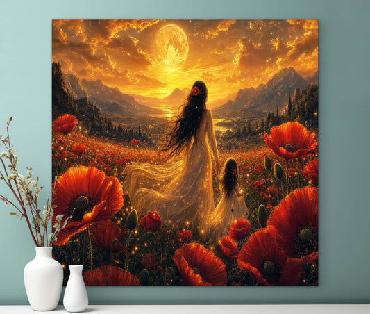 Framed Canvas- Vibrant Poppies Field Bride Mother and Daughter Portrait Whimsical Full Moon Sunset Fantasy Oil Painting Wall Art Print