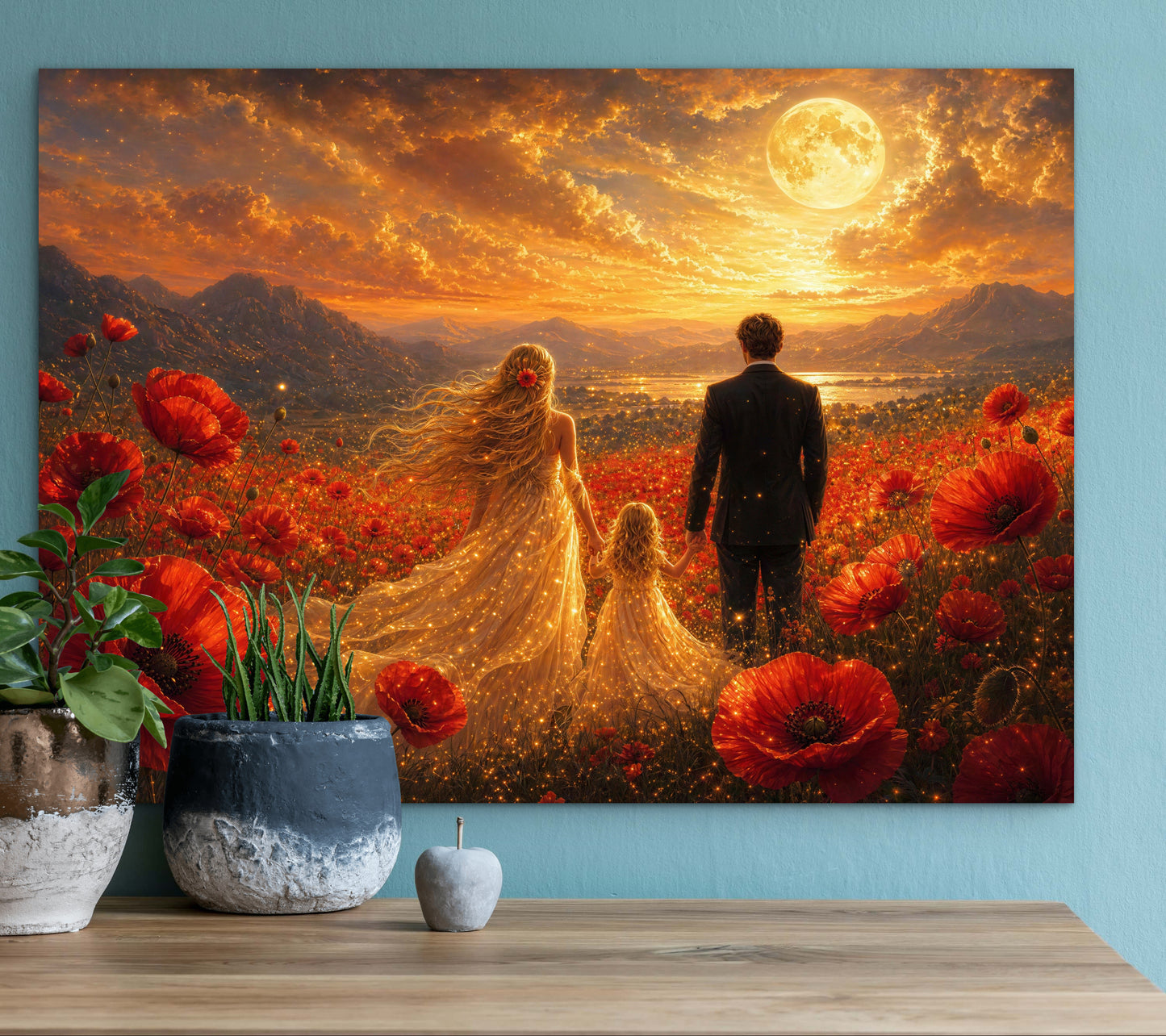 Toile encadrée Coquelicots vibrants - Peinture à l'huile fantaisie lune pleine fantaisiste Célébration de mariage mère et fille beau portrait de famille Impression d'art mural originale