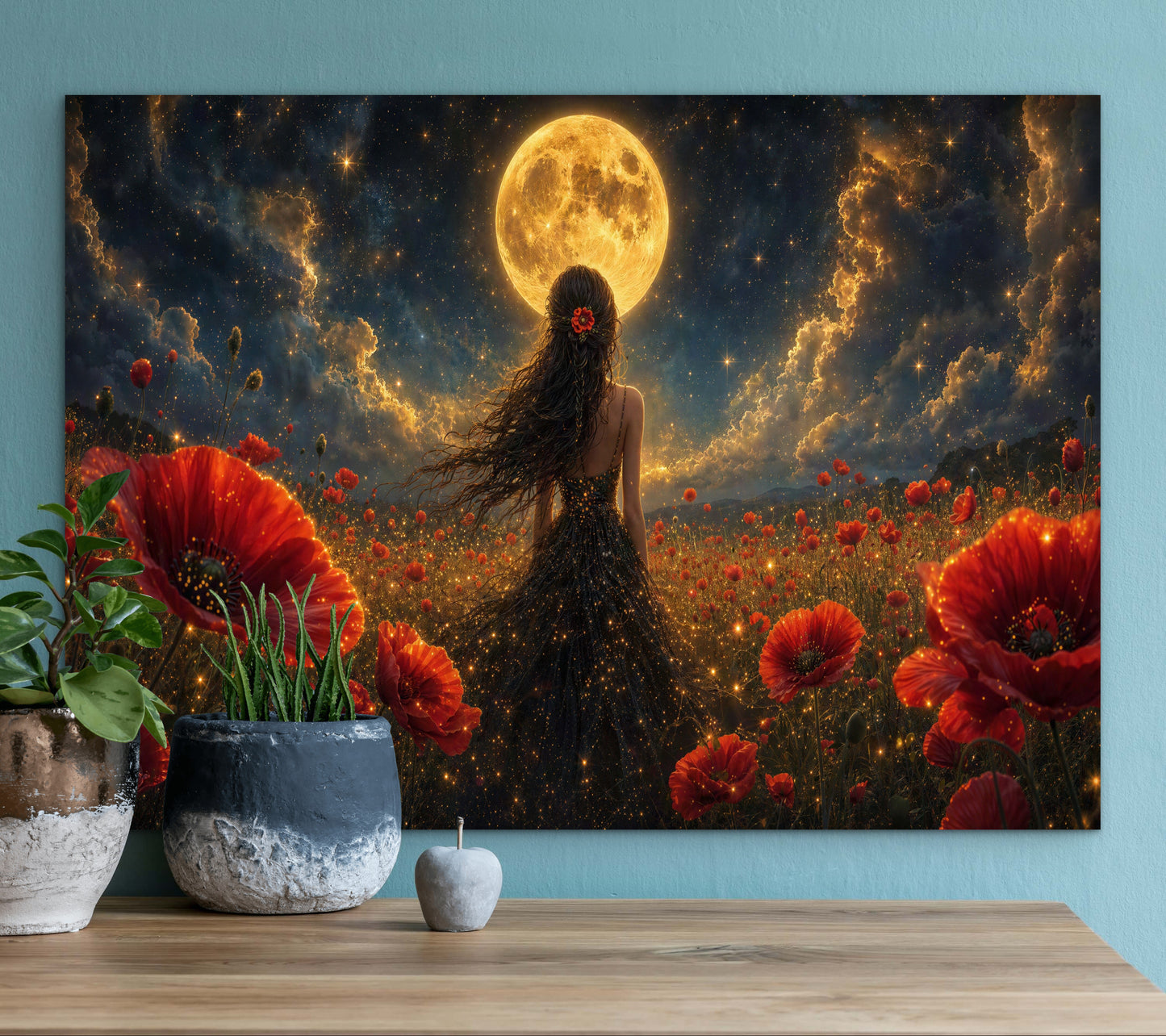 Toile encadrée - Coquelicots vibrants Pleine lune fantaisiste Mariée dans un champ de coquelicots, Décoration murale prête à accrocher Peinture à l'huile Impression d'œuvre d'art originale Robe de mariée noire