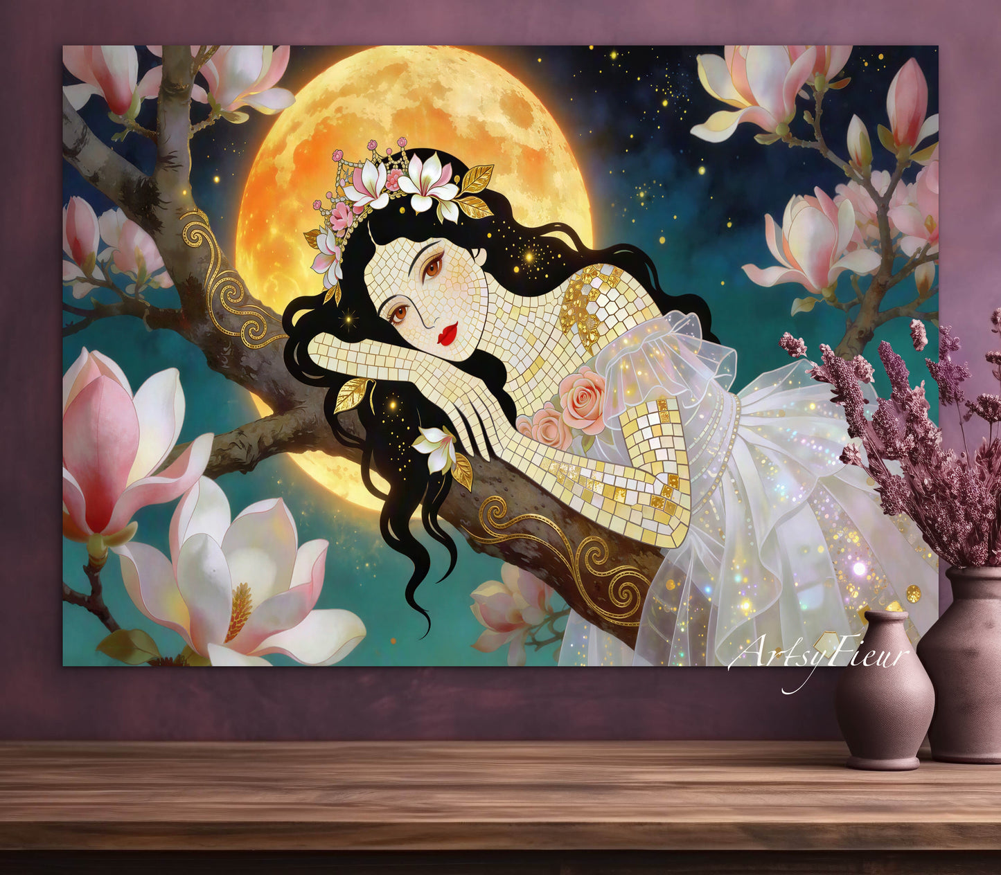 Framed Canvas- Vibrant Magnolia Flowers Beautiful Brunette Woman’s Abstract Portrait Mosaic Original Artwork Fantasy Wall Art Print Mother Nature