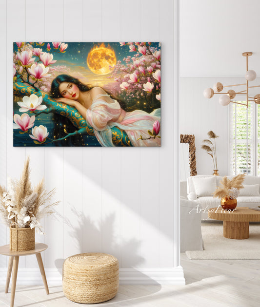 Framed Canvas- Vibrant Magnolia Flowers Beautiful Brunette Woman’s Abstract Portrait Original Artwork Fantasy Wall Art Print