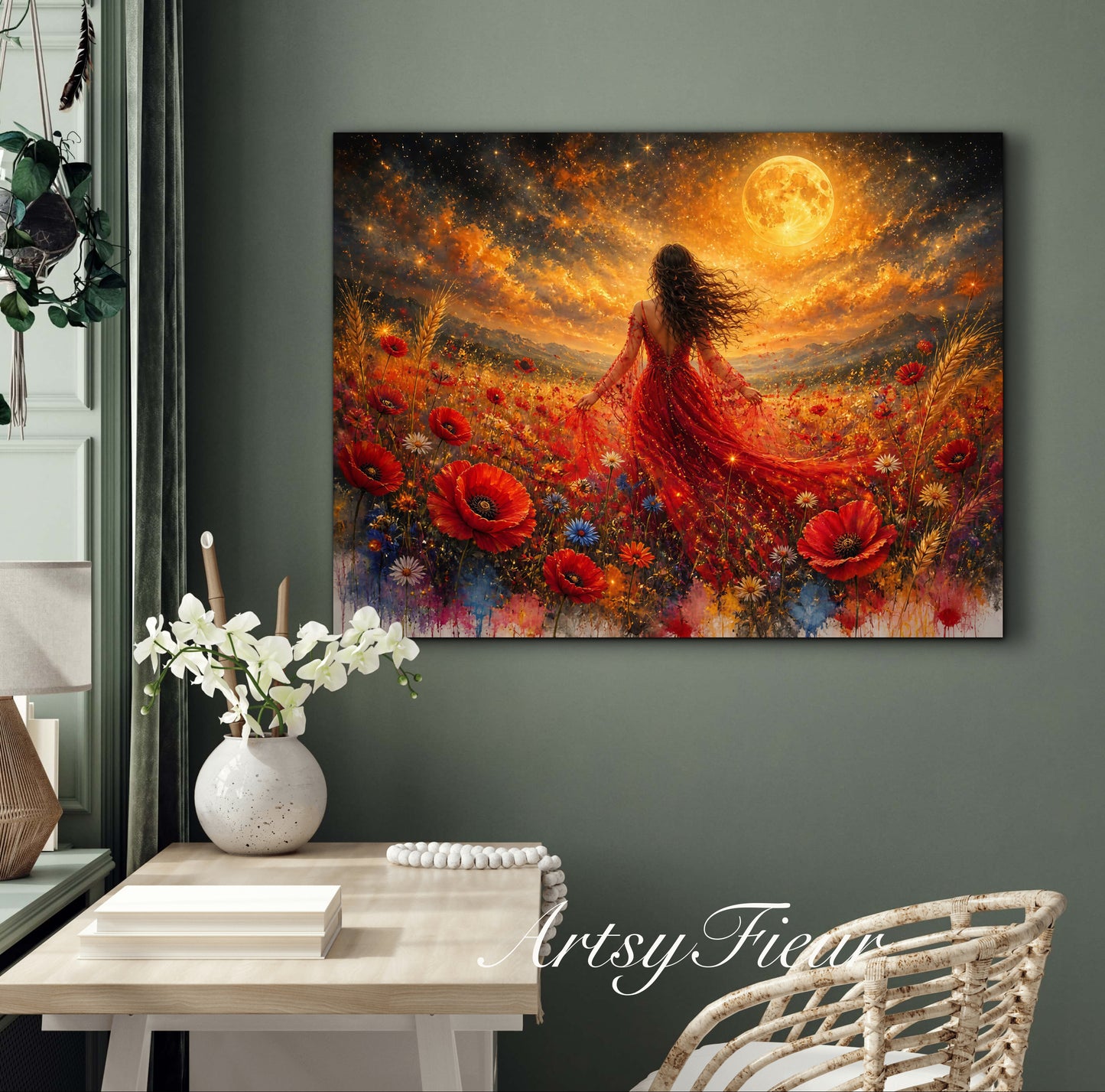 Framed Canvas - Vibrant poppies and wildflowers Whimsical Full Moon starry night sky Bride in Poppy Field, Wall Art Ready to hang original Artwork Print Red Dress