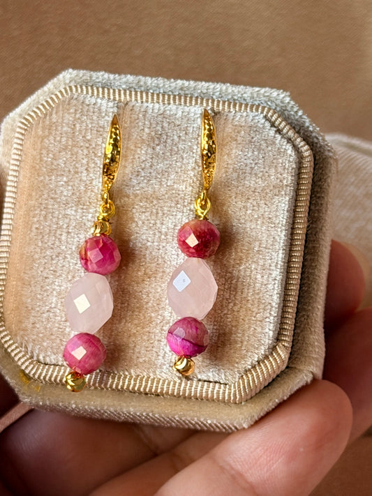 Rose Quartz Earrings Pink Tigers Eye Natural Gemstone Dangle Drop Long Earrings Hypoallergenic