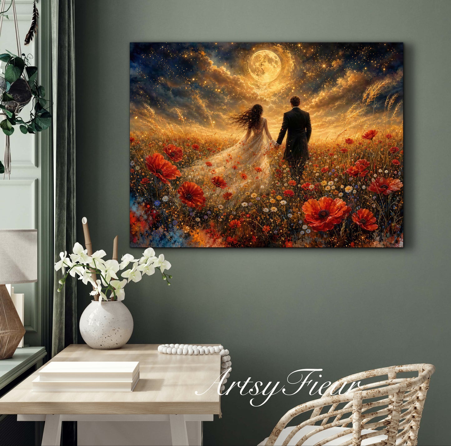 Framed canvas- whimsical full moon sunset -bride and groom, wedding gift, fantasy oil painting bedroom wall art print floral poppies field colourful vibrant colours