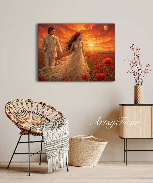 Framed canvas- whimsical full moon sunset -bride and groom, wedding gift, fantasy oil painting bedroom wall art print floral poppies field colourful vibrant colours