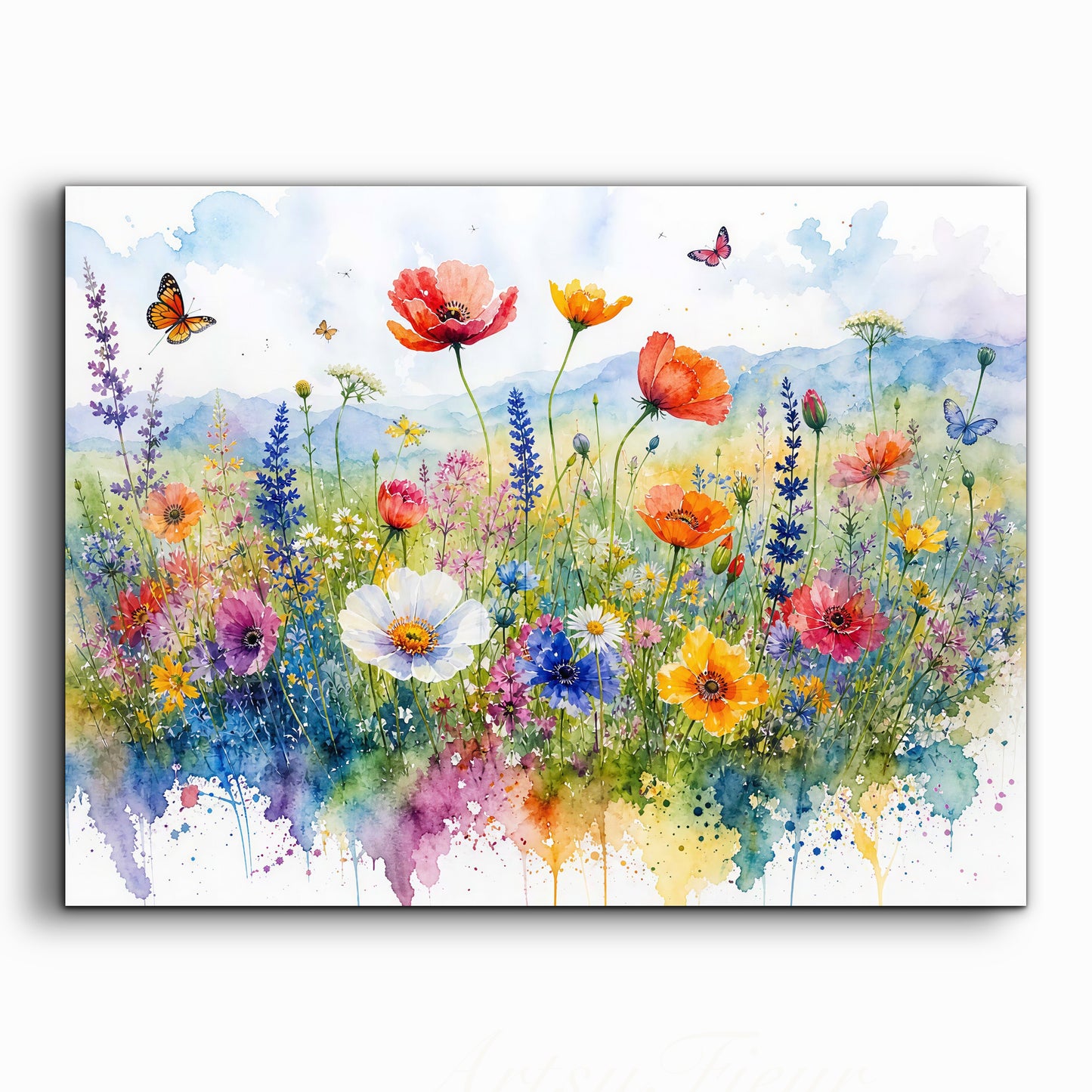 Framed canvas- ready to hang wall art print, beautiful vibrant colours watercolour fantasy painting wildflowers ,floral landscape, unique gift, one of a kind original artwork