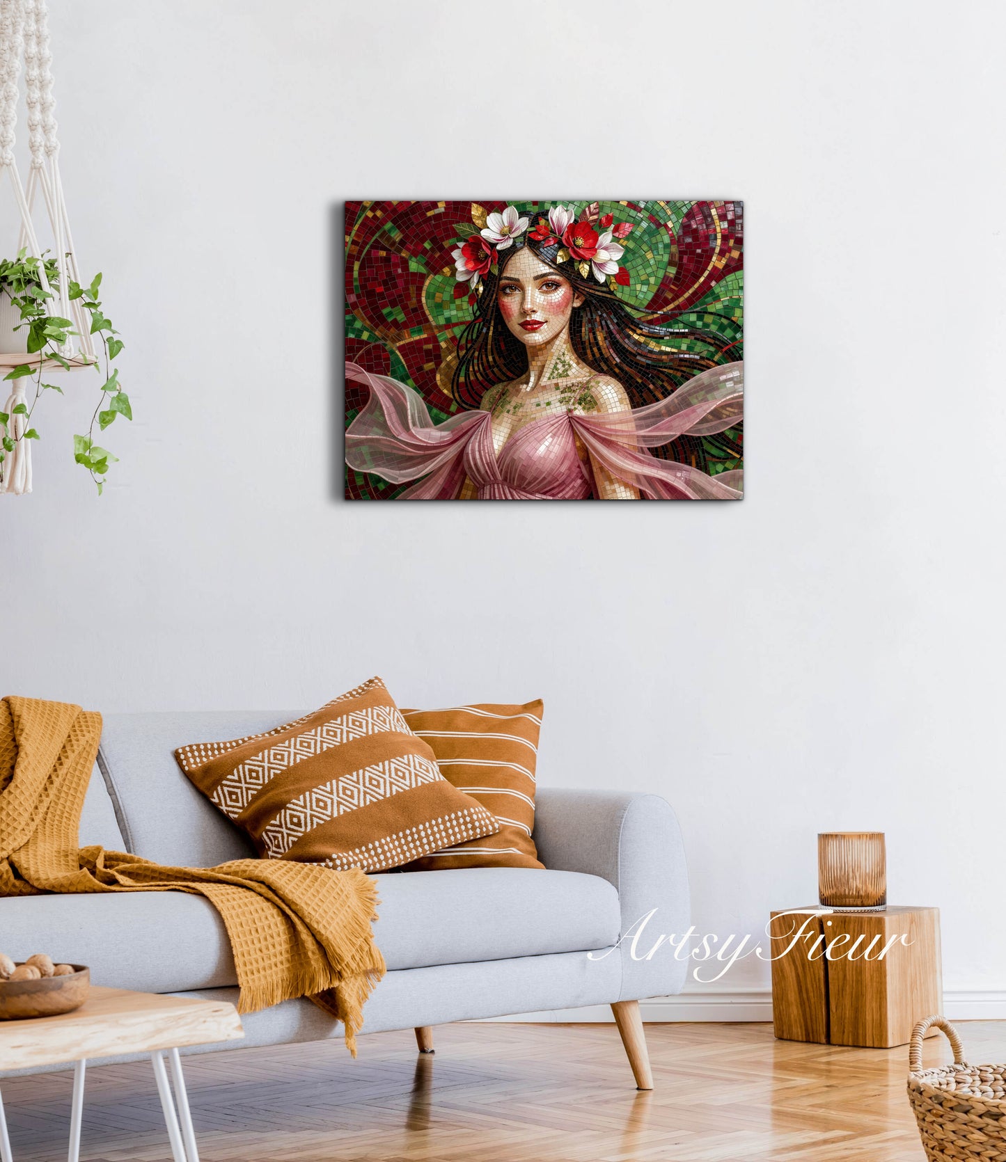 Framed Canvas- Vibrant Magnolia Flowers Beautiful Brunette Woman’s Abstract Portrait Mosaic Original Artwork Fantasy Wall Art Print