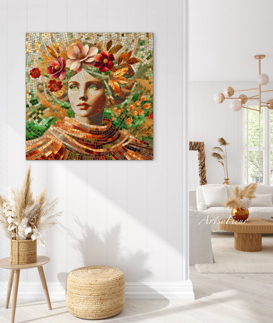 Framed canvas- Original Artwork Vibrant Magnolia Flowers Mosaic Portrait Beautiful Brunette Woman Wall Art Print