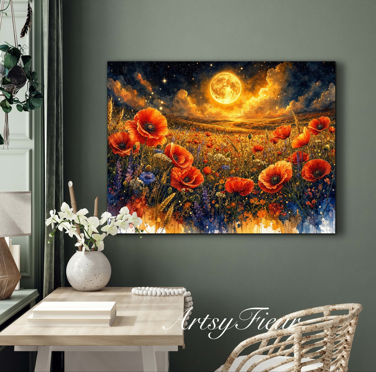 Framed Canvas Print- Vibrant Wildflowers and Poppies Oil Painting Textured Wall Art , Beautiful Original Artwork Ready to Hang Living Room, Floral