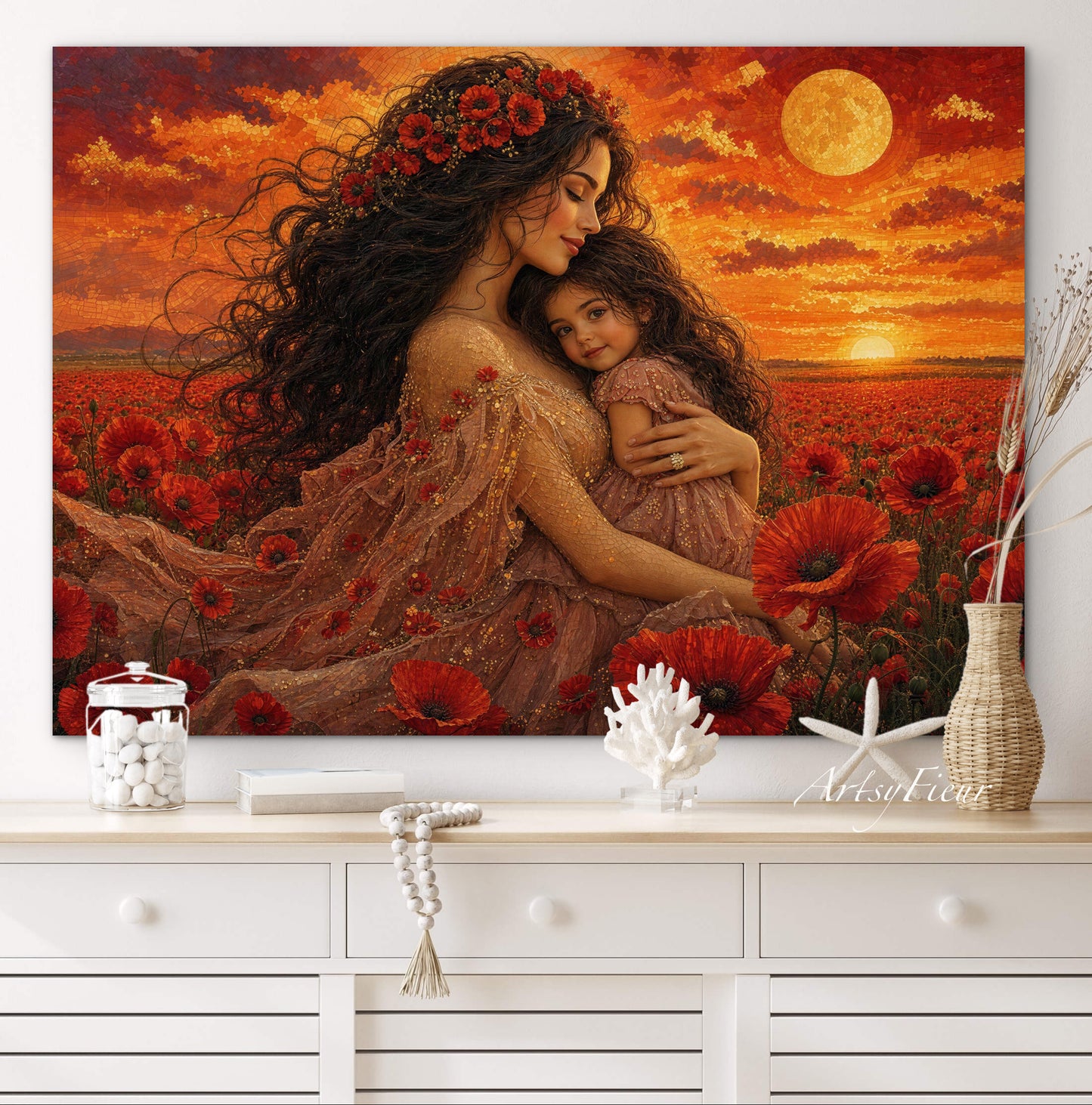 Framed Canvas- Vibrant Poppies Field Mother and Daughter Portrait Whimsical Full Moon Sunset Fantasy Oil Painting Wall Art Print
