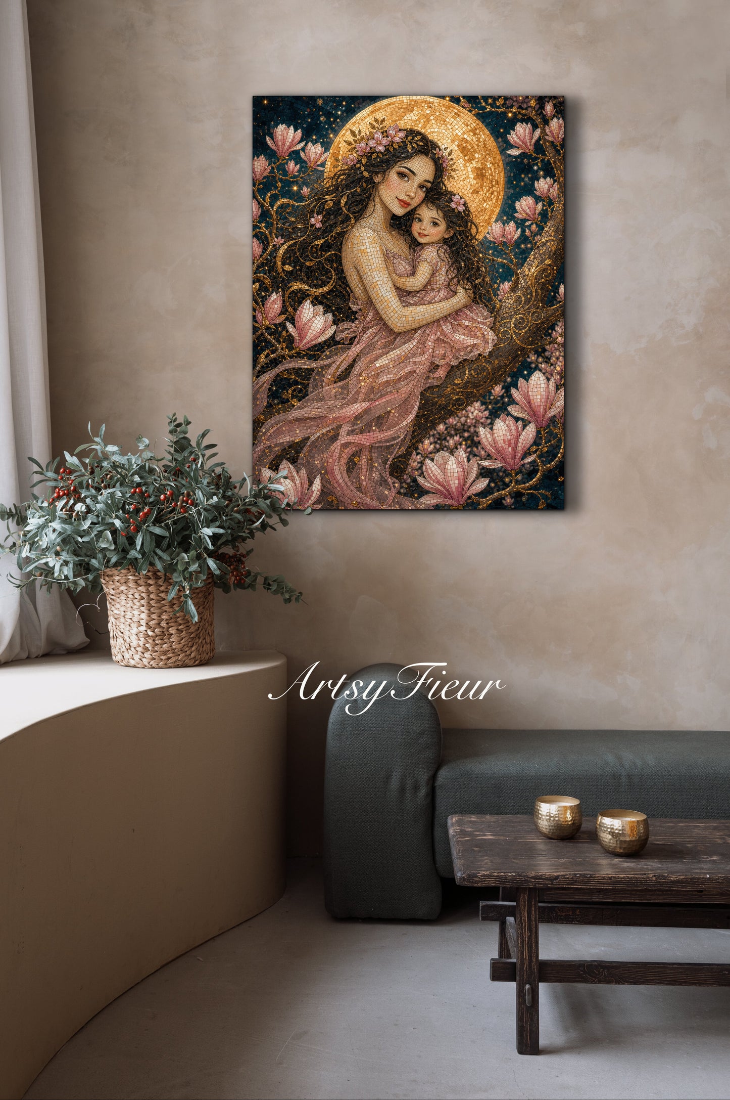 Framed canvas- Abstract Portrait Mosaic Fairy Beautiful Brunette Mother and Daughter Vibrant Magnolia Flowers Fantasy Wall Art Print
