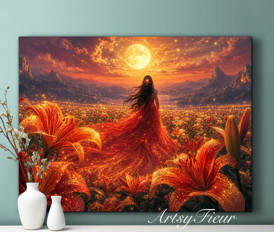 Framed Canvas - Vibrant Lilies Whimsical Full Moon Bride in Poppy Field, Wall Art Ready to hang Oil Painting Original Artwork Print Red Wedding Dress