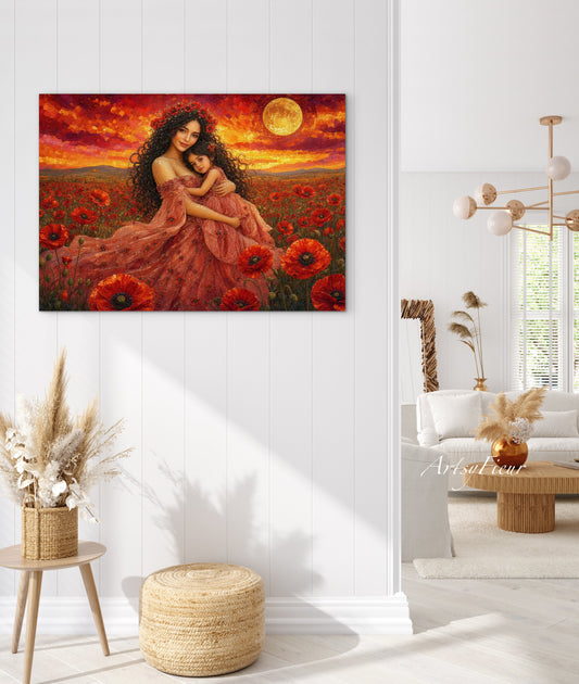 Framed Canvas- Vibrant Poppies Field Mother and Daughter Portrait Whimsical Full Moon Sunset Fantasy Oil Painting Wall Art Print
