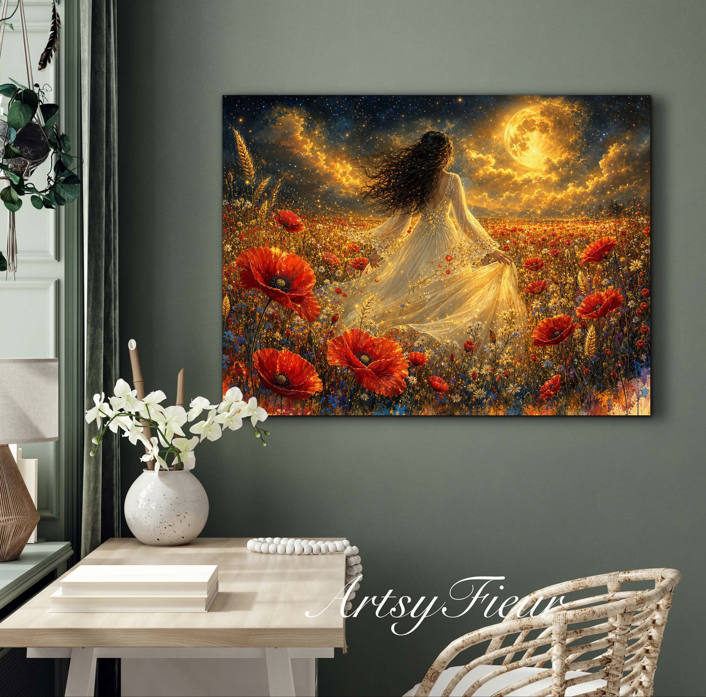 Framed Canvas - Vibrant poppies and wildflowers Whimsical Full Moon starry night sky Bride in Poppy Field, Wall Art Ready to hang original Artwork Print