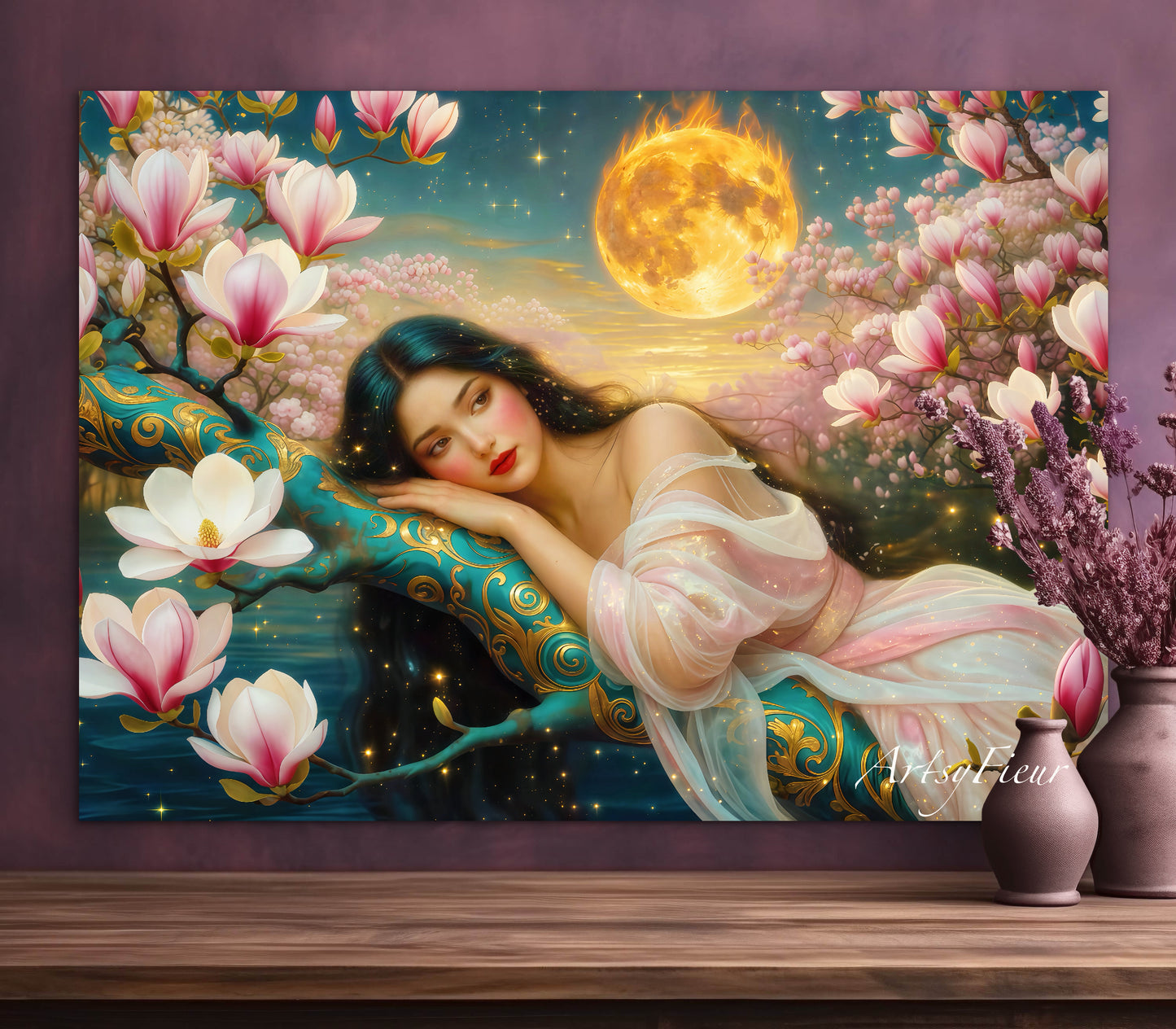 Framed Canvas- Vibrant Magnolia Flowers Beautiful Brunette Woman’s Abstract Portrait Original Artwork Fantasy Wall Art Print